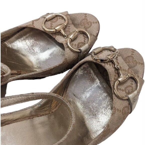 Gucci Gold Wedge Horsebit Espadrille Sandal Carolina Platform Beige 6.5B - Picture 3 of 8